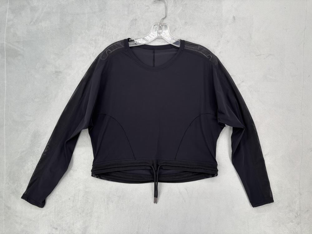 Lululemon Shirt Womens Medium Black Cropped Long Sleeve Mesh Drawstring Athletic